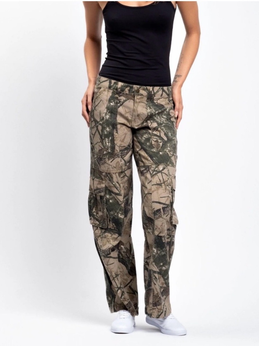 Wide Leg Women's Cargo Pants in Green Camo